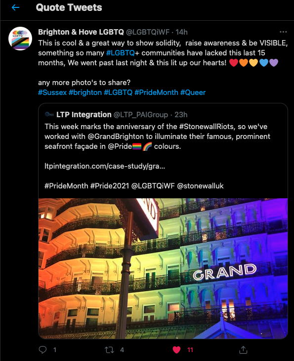 Grand Brighton Hotel - Brighton & Hove LGBTQ Twitter Comment